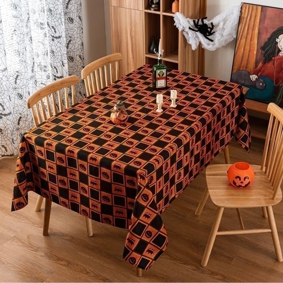 ⭐️3/$25 Halloween Pumpkin & Black cat Themed Waterproof TableCover NWT - Picture 1 of 7